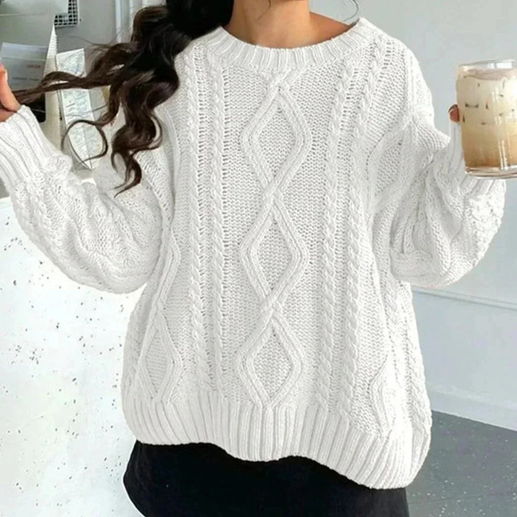 White Casual Women's Deep Round Neck Cable Knit Loose Pullover Sweater - Picture 1 of 7